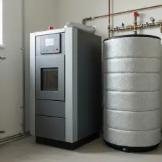 Nowoczesny piec na pellet z zasobnikiem, który działa jak bufor ciepła, zapewniając stałą temperaturę w domu.