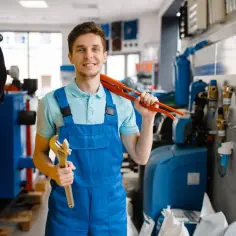 Uśmiechnięty hydraulik w Lublinie z kluczem i obcęgami, gotowy do pracy.