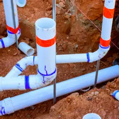 Instalacja kanalizacyjna z rur PCV w wykopie. Widać, jak połączyć rurę PCV z rurą metalową za pomocą specjalnych złączek.