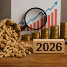 Analiza czynników, co wpływa na cenę peletu w 2026 roku: worek z peletem, wykres wzrostu, monety, lupa i kalkulator.