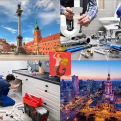 Warszawa: hydraulik cennik, widok na Stare Miasto, montaż instalacji, herb miasta i panorama nocą.
