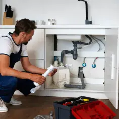 Fachowiec zajmuje się instalacjami c.o. i hydrauliką, naprawiając syfon pod zlewem.