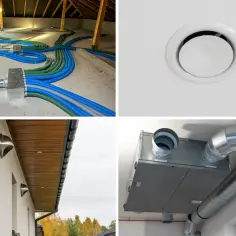 System wentylacji z rurami w kolorze zielonym i niebieskim, kratka wentylacyjna na suficie, wyloty na elewacji i rekuperator – to wszystko elementy, jak zamaskować rury na suficie.