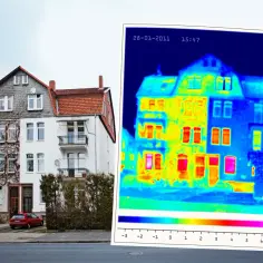 Wyniki badań kamerą termowizyjną pokazują dom z widocznymi mostkami cieplnymi.