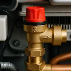 Mosiężny zawór bezpieczeństwa z czerwoną nakrętką, gdzie znajduje się zawór, jest częścią instalacji grzewczej.