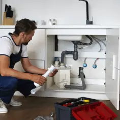 Hydraulik naprawia syfon pod zlewem. Choć nie widać grzejników, hydraulik zajmuje się instalacjami wodnymi.