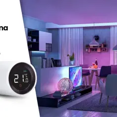 Inteligentna głowica termostatyczna Appartme pokazuje, jak działa i jak oszczędzać energię. Nowoczesny salon z oświetleniem LED.