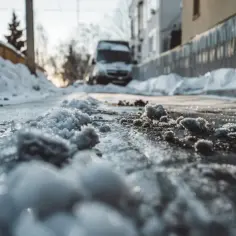 Zimowa droga, lód i śnieg. Woda nie zamarza na głębokości, gdzie temperatura jest wyższa niż 0°C.