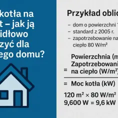 Obliczanie mocy kotła na pellet: przykład dla domu 120 m², zapotrzebowanie 80 W/m². Dowiedz się, ile pelletu potrzeba na zimę.