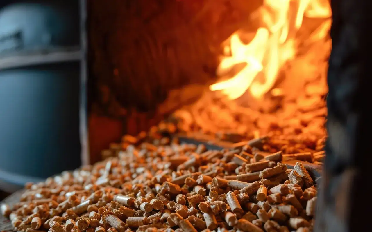 Zbliżenie na pellet przed paleniskiem z płomieniami. Dowiedz się, jak ustawić parametry pieca na pellet dla optymalnego spalania.