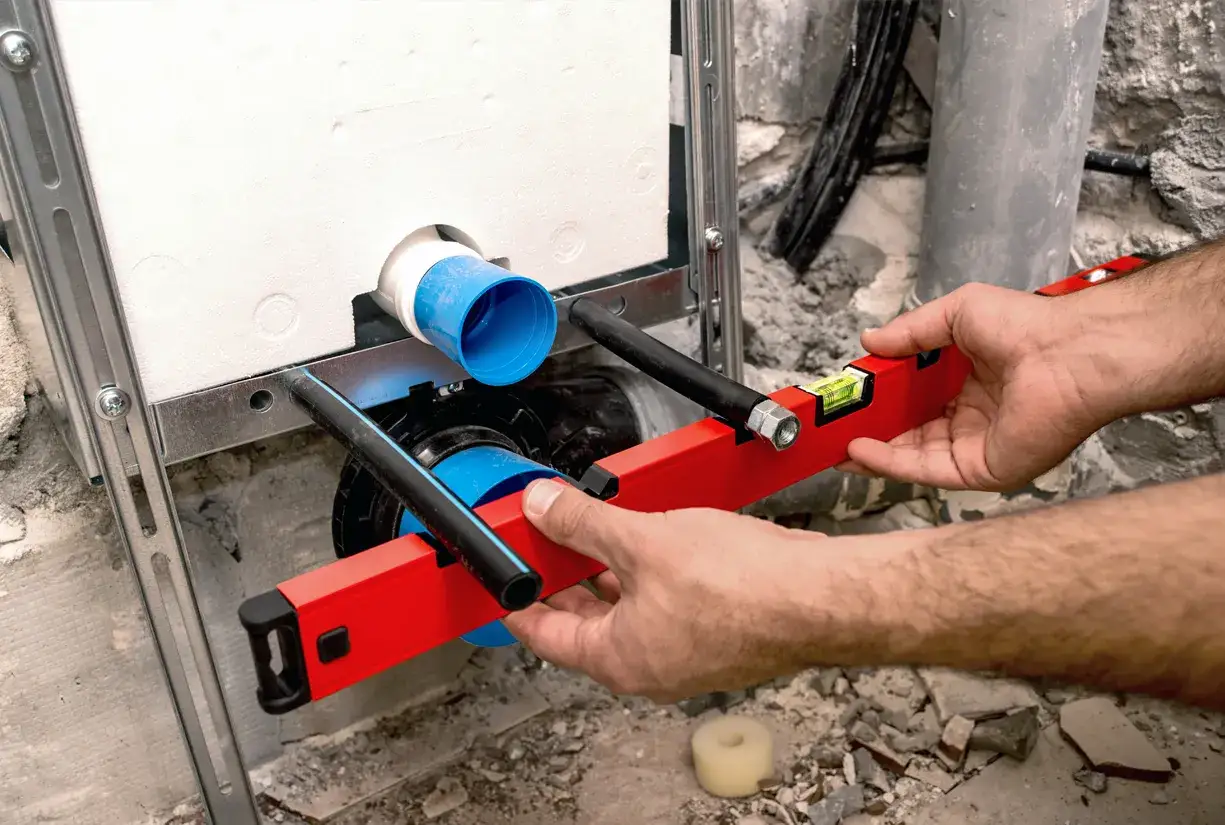 Hydraulik używa czerwonej poziomicy do precyzyjnego montażu instalacji wodno-kanalizacyjnej.