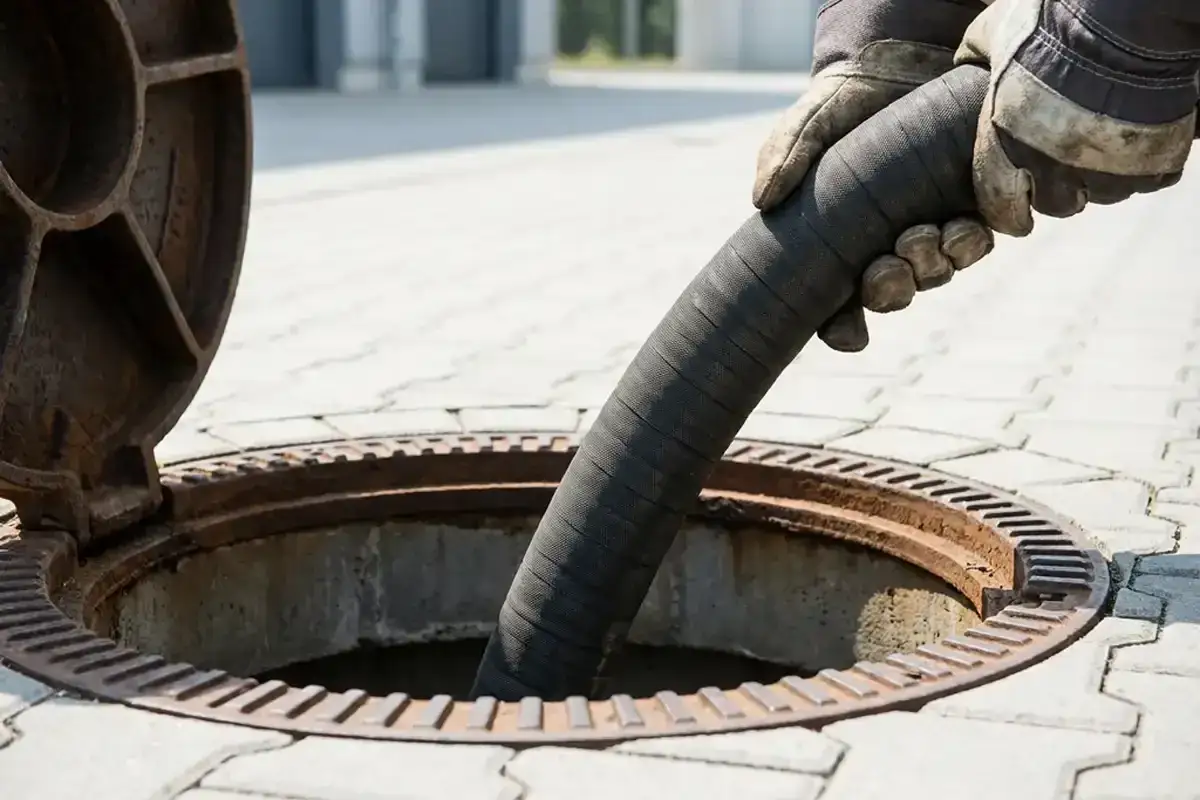 Ręce w rękawicach wkładają gruby wąż do otwartego włazu studzienki kanalizacyjnej. Prace porządkowe w Jeleniej Górze.
