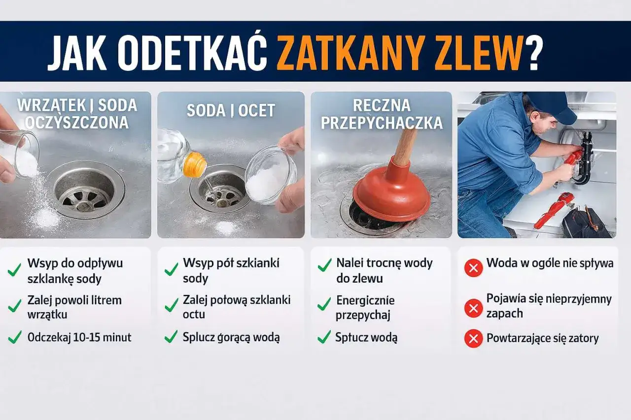 Domowy kret do rur: soda i ocet, wrzątek, ręczna przepychaczka. Poradnik jak odetkać zatkany zlew.