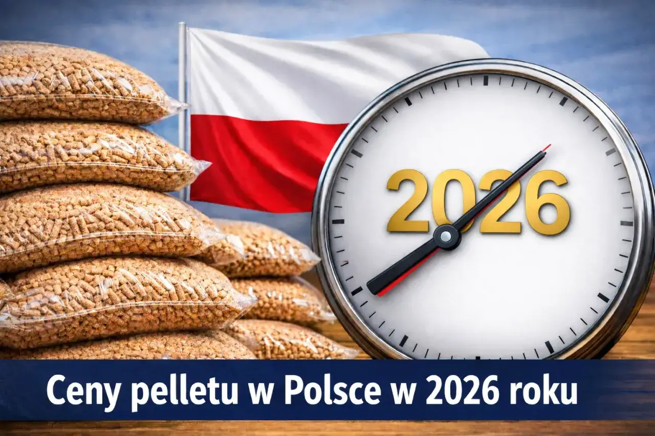 Stosy worków z pelletem, polska flaga i zegar wskazujący 2026 rok. Dowiedz się, ile kosztuje tona pelletu w Polsce w 2026 roku.