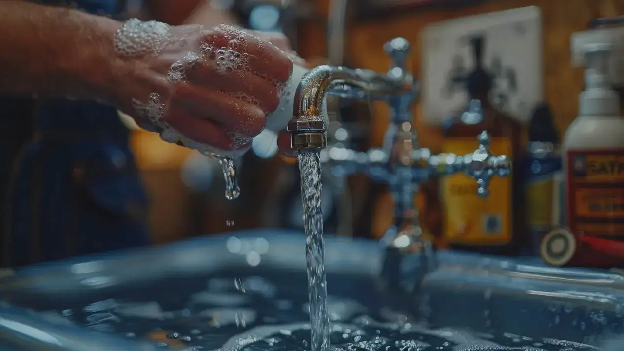 Ręce myjące się pod bieżącą wodą z kranu. Sprawdź hydraulik warszawa cennik, gdy potrzebujesz fachowej pomocy.